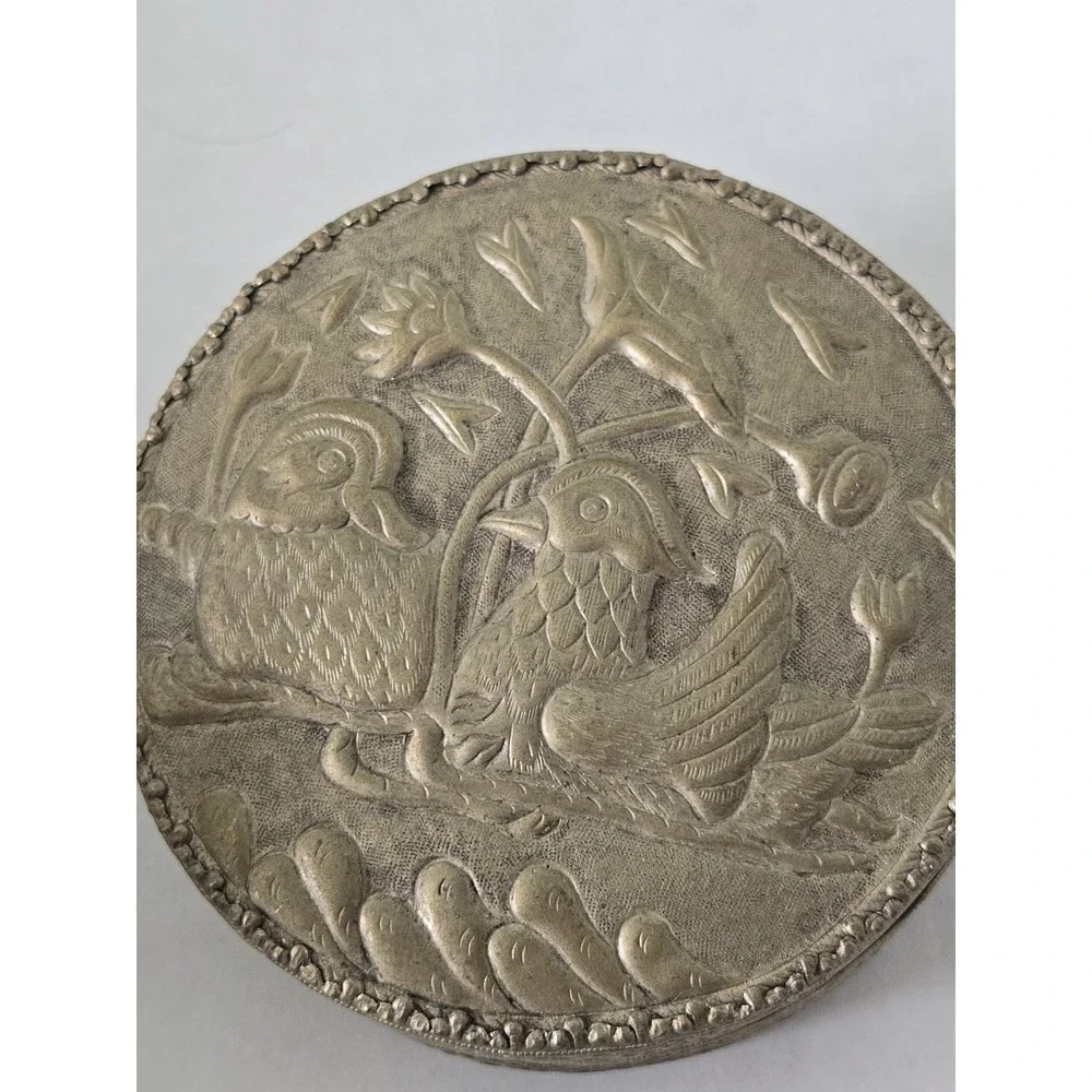 Vintage Persian Repousse Round Box Lid & Mirror Raised Bird Motif Silver Tone